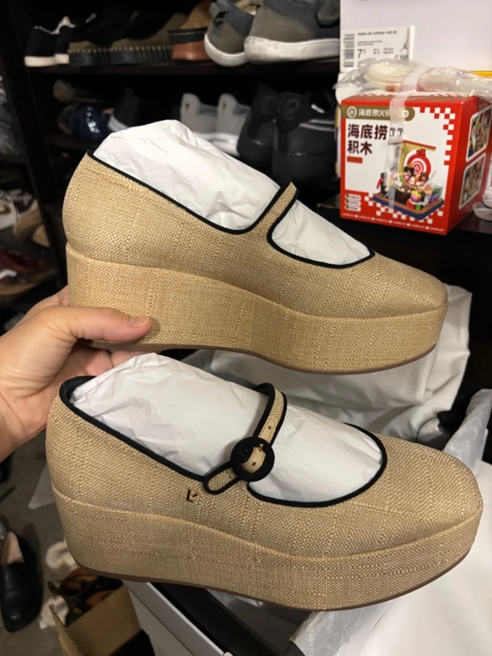 Larroude Blair platform shoes in beige raffia size 8